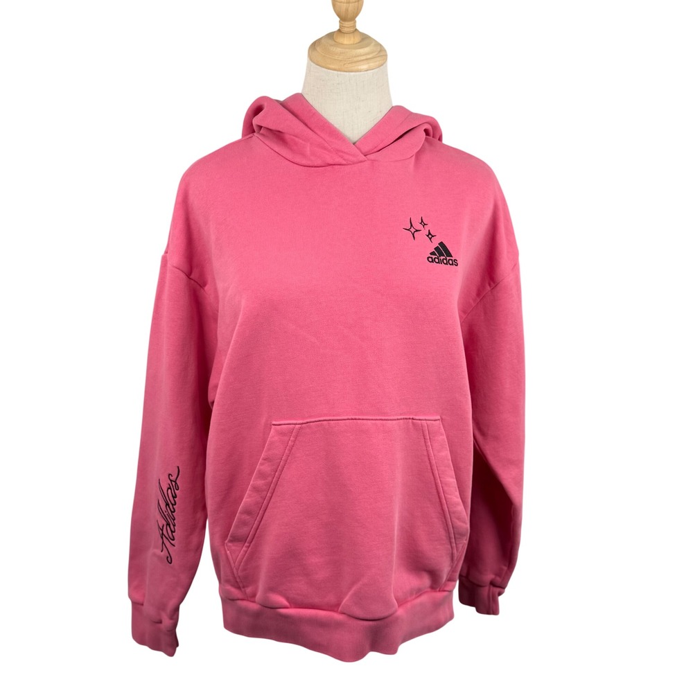 Adidas Small Scribble Hoodie Pink Embroidery Fleece Star Heart Pullover Sporty